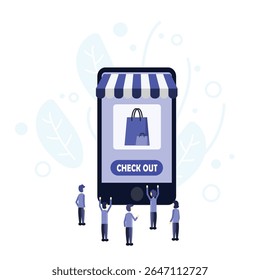This image depicts an e-commerce concept, specifically the Check Out stage of an online shopping process on a mobile device. people who support e-commerce. online shopping