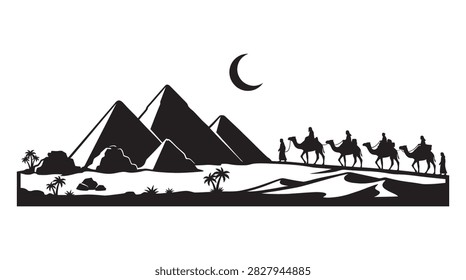 This image depicts an Egyptian desert scene with pyramids, camels, and people, rendered as a striking black silhouette. The composition