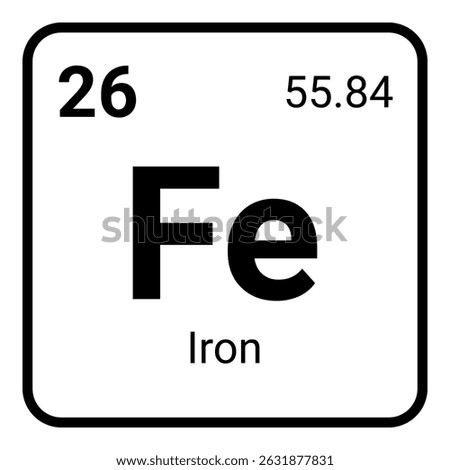 This image depicts the element iron from the periodic table showing its symbol Fe, atomic number 26, and atomic weight 55.84. It is suitable for educational and scientific uses.