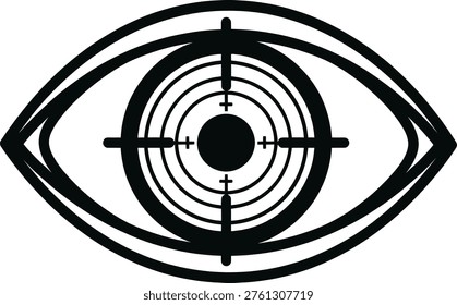 This image depicts an eye with a stylized design featuring concentric circles and a crosshair pattern centered on the pupil. The design evokes themes of observation, surveillance, or intense focus, often associated with concepts like the all-seeing eye, monitoring, or precision targeting. The bold lines and stark contrast create a striking visual impact, emphasizing its symbolic significance in various contexts such as art, technology, or pop culture.