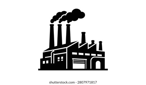This image depicts a factory building with multiple smokestacks emitting dark smoke presented as a solid black silhouette against a white background. The silhouette style creates a stark and graphic representation.