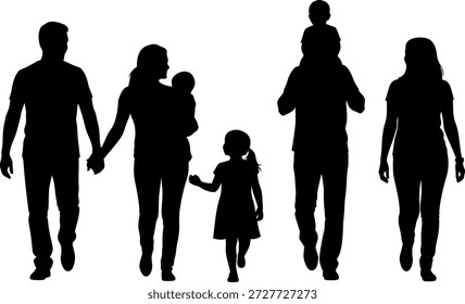 Dieses Bild zeigt eine fünfköpfige Familie, die zusammen geht und als Silhouetten auf hellem Hintergrund dargestellt ist. Die Familie besteht aus zwei Erwachsenen, einer Mutter, die ein Baby hält, einem jungen Mädchen, das die Hand der Mutter hält, und einem Vater, der ein Kleinkind auf seinen Schultern trägt. Die Familie scheint einen gemütlichen Spaziergang zu genießen, der Einheit und Zusammengehörigkeit symbolisiert.