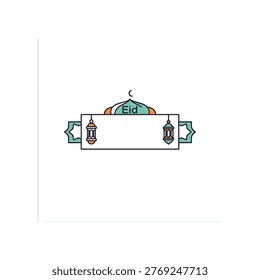 This image depicts a festive Eid celebration banner featuring a mosque with an arched roof and a crescent moon on top. The banner includes two hanging lanterns on either side, which are traditional symbols of Eid al-Fitr and Eid al-Adha. The overall design emphasizes cultural and religious significance, with a focus on the celebratory elements associated with Islamic festivals.