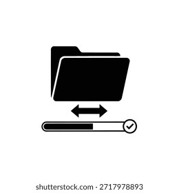 Esta Imagen muestra un proceso de transferencia de archivos. Muestra una pila de carpetas, que indican los datos o archivos que se están transfiriendo. Debajo de las carpetas, hay dos flechas que apuntan en direcciones opuestas, simbolizando la transferencia de datos entre dos ubicaciones. Una barra de progreso se muestra debajo de las flechas, mostrando que la transferencia está en progreso y cerca de completarse, indicada por una marca de verificación.