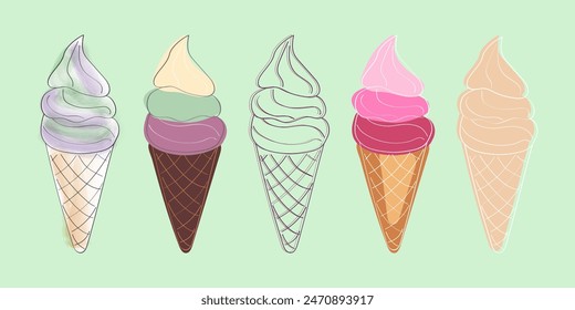 This image depicts five different ice cream cones in various flavors. The cones are drawn in a simple, cartoonish style and are set against a soft green background.