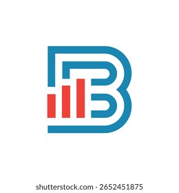 Esta imagem representa um design de logotipo plano de uma letra inicial B em cor azul com uma barra de gráfico laranja que parece limpa e moderna em um fundo branco para fins estatísticos