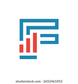 Dieses Bild zeigt ein flaches Logo-Design eines Anfangsbuchstabens F in blauer Farbe mit einem orangefarbenen Graphen, der sauber und modern auf weißem Hintergrund für statistische Zwecke aussieht