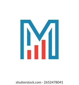 This image depicts a flat logo design of an initial letter M in blue color with an orange graph bar that looks clean and modern on a white background for statistic purposes