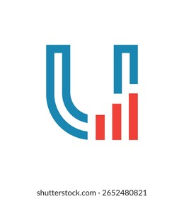 Esta imagem representa um design de logotipo plano de uma letra inicial U em cor azul com uma barra de gráfico laranja que parece limpa e moderna em um fundo branco para fins estatísticos