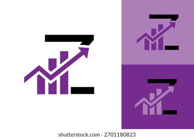esta Imagen representa un logotipo plano de una Z inicial en color púrpura con una barra gráfica y una flecha que se mueve hacia arriba 