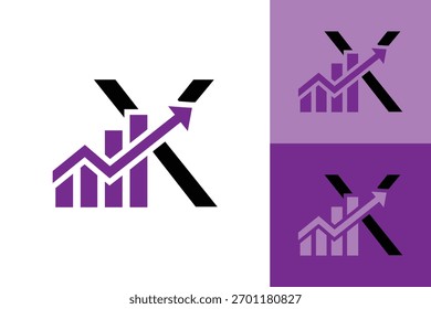 esta Imagen representa un logotipo plano de una X inicial en color púrpura con una barra gráfica y una flecha que se mueve hacia arriba 