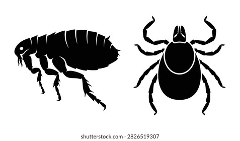 This image depicts flea and tick insects in a black silhouette style showcasing their distinct body shapes and leg structures.