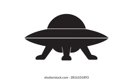 This image depicts a flying saucer as a black silhouette against a white background. The design features a flat, minimalist