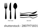This image depicts a fork knife and spoon shown in a black silhouette style. The objects are presented in both front and side views against a white background emphasizing their distinct shapes.