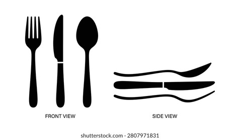This image depicts a fork knife and spoon shown in a black silhouette style. The objects are presented in both front and side views against a white background emphasizing their distinct shapes.
