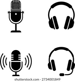 This image depicts four distinct pieces of audio equipment. On the top left is a classic microphone, while on the top right are a pair of over-ear headphones. The bottom left shows a microphone with sound waves, and on the bottom right are headphones with a microphone attached.