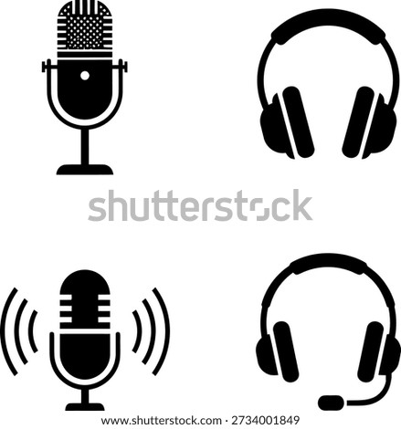 This image depicts four distinct pieces of audio equipment. On the top left is a classic microphone, while on the top right are a pair of over-ear headphones. The bottom left shows a microphone with sound waves, and on the bottom right are headphones with a microphone attached.
