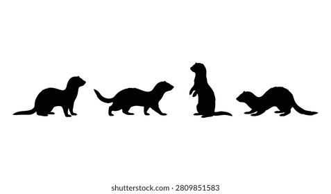 This image depicts four ferrets in different poses rendered as a black silhouette against a white background. The silhouette style creates a stark contrast and emphasizes the animal's form.