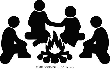 This image depicts four individuals sitting around a campfire engaging in a communal activity The group is arranged in a circle with each person sitting on the ground The campfire is centrally located casting a warm glow on the faces of the participants The scene is set outdoors likely in a natural environment and the individuals appear to be enjoying a moment of camaraderie and relaxation The image is isolated on a transparent background