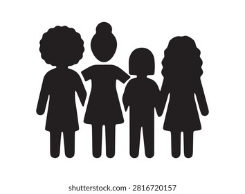 This image depicts four sisters holding hands, presented as a striking black silhouette against a white background. The distinctive silhouette style emphasizes family bonds and togetherness.