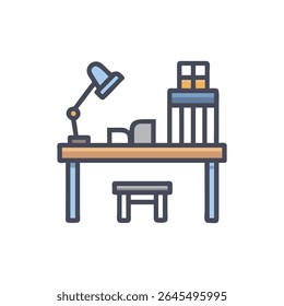 This image depicts a furnished workspace with simple illustration style. Light brown table, blue chair, reading lamp, and other office objects.