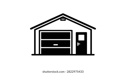 This image depicts a garage building with an open garage door and a pedestrian entrance presented as a black silhouette