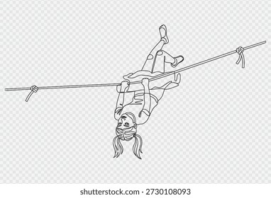 Esta Imagen representa a una chica realizando una acrobacia Aéreas en la cuerda floja, mostrando su agilidad y equilibrio. La ilustración se realiza en líneas negras sobre un fondo transparente, dándole un aspecto limpio y minimalista. La niña está vestida con un atuendo que permite una gama completa de movimiento, y su expresión facial transmite enfoque y determinación.
