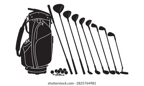 This image depicts a golf bag, clubs, and golf balls in a stark black silhouette style against a white background,