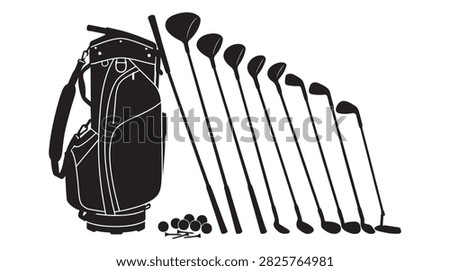 This image depicts a golf bag, clubs, and golf balls in a stark black silhouette style against a white background,
