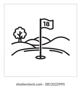 This image depicts a golf hole eighteen, featuring a flagstick with the number 18, a tree, and rolling hills, rendered in a flat line style. The design is presented as a silhouette against a white background, emphasizing its simple and