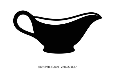 This image depicts a gravy boat in a black silhouette style, set against a white background. It is a simple,
