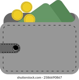 This image depicts a gray wallet with a snap closure. Inside the wallet, there are several green credit cards and a couple of gold coins. The background is white.