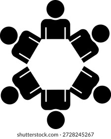 Esta Imagen representa a un grupo de individuos sentados alrededor de una mesa en forma circular. Las figuras están representadas en un estilo minimalista, en blanco y negro, enfatizando la unidad y la colaboración. El espacio blanco central sugiere un punto focal o un tema de discusión compartido entre el grupo.