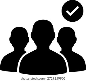 Esta Imagen representa un grupo de tres figuras silueteadas de pie juntas, con una marca de verificación sobre ellas. La marca de verificación significa Aprobación o Acuerdo entre los miembros del grupo. Es probable que la Imagen represente trabajo en equipo, consenso o una decisión exitosa del equipo.
