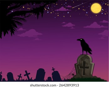 Esta imagem retrata uma cena de cemitério com tema de Halloween à noite. Um corvo preto proeminente ou corvo fica no topo de uma grande lápide no primeiro plano, adicionando ao ambiente misterioso.