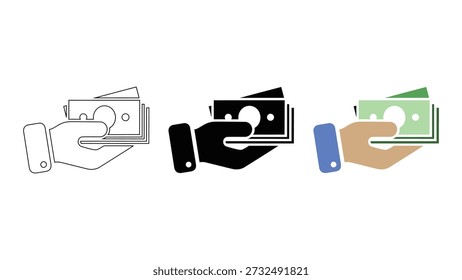 Esta Imagen representa la mano que sostiene el efectivo, simbolizando el pago en efectivo o la transacción de retiro. A menudo se usa para representar transacciones financieras, bancarias y comerciales. La Imagen es simple, pero eficaz para transmitir la idea de intercambiar dinero por bienes o servicios.