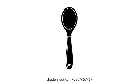 This image depicts a hand mirror with an oval-shaped reflective surface, presented as a stark black silhouette against a white