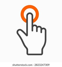 This image depicts a hand touching a slider control icon, rendered as a flat, two-color vector graphic. The icon features a gray hand with a finger extending to touch an orange circular thumb on a white background.
