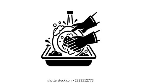 This image depicts hands wearing gloves washing dishes in a sink presented as a black silhouette. The graphic style uses