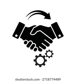 This image depicts a handshake between two individuals, symbolizing partnership, collaboration, and agreement. Above the handshake, there is an arrow indicating a forward movement or progress. Below the handshake, there are two interlocking gears, representing teamwork and cooperation in achieving goals. The overall theme of the image emphasizes unity and mutual effort.