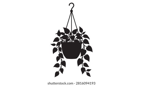This image depicts a hanging potted plant as a black silhouette against a white background. The silhouette style provides a