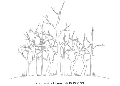 This image depicts a hauntingly beautiful line art illustration of ghost figures in the woods during Halloween.