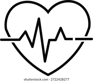 Esta imagem representa uma forma de coração com uma linha de pulsação que passa pelo seu centro. É uma ilustração simples, em preto e branco que simboliza a vida, a saúde e a função cardíaca.