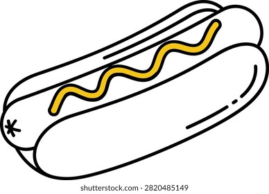 This image depicts a hot dog with mustard presented as a line art illustration. The subject is shown against a white background featuring a distinctive silhouette