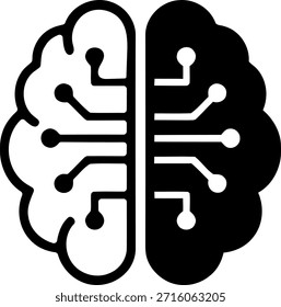 Esta Imagen representa un cerebro humano dividido en dos mitades, cada una con intrincados circuitos neuronales. La mitad izquierda del cerebro se muestra en blanco con circuitos negros, mientras que la mitad derecha es negra con circuitos blancos. La Imagen simboliza la intersección de la cognición humana y la inteligencia artificial, destacando la complejidad de las redes neuronales.
