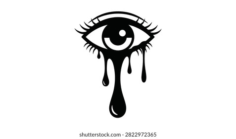 This image depicts a human eye with flowing teardrops rendered as a stark black and white silhouette against a white