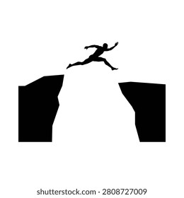 This image depicts a human figure silhouette mid-jump across a chasm, set against a plain white background.