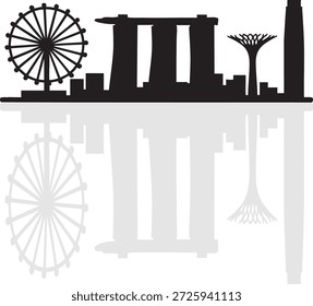 Esta imagem retrata o icônico horizonte de Singapura, apresentando marcos notáveis como o Singapore Flyer, Marina Bay Sands, o Museu de Arte Científica, o Supertree Grove e a torre de observação Marina Bay Sands. O horizonte é refletido em um corpo de água abaixo, criando uma cena simétrica e visualmente atraente.