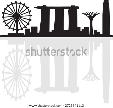 This image depicts the iconic skyline of Singapore, featuring notable landmarks such as the Singapore Flyer, Marina Bay Sands, the ArtScience Museum, the Supertree Grove, and the Marina Bay Sands observation tower. The skyline is reflected in a body of water below, creating a symmetrical and visually appealing scene.
