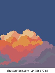 This image depicts an illustration of clouds, with colors transitioning from dark purple at the bottom to bright orange and white at the top, set against a deep blue sky. The gradient of colors create